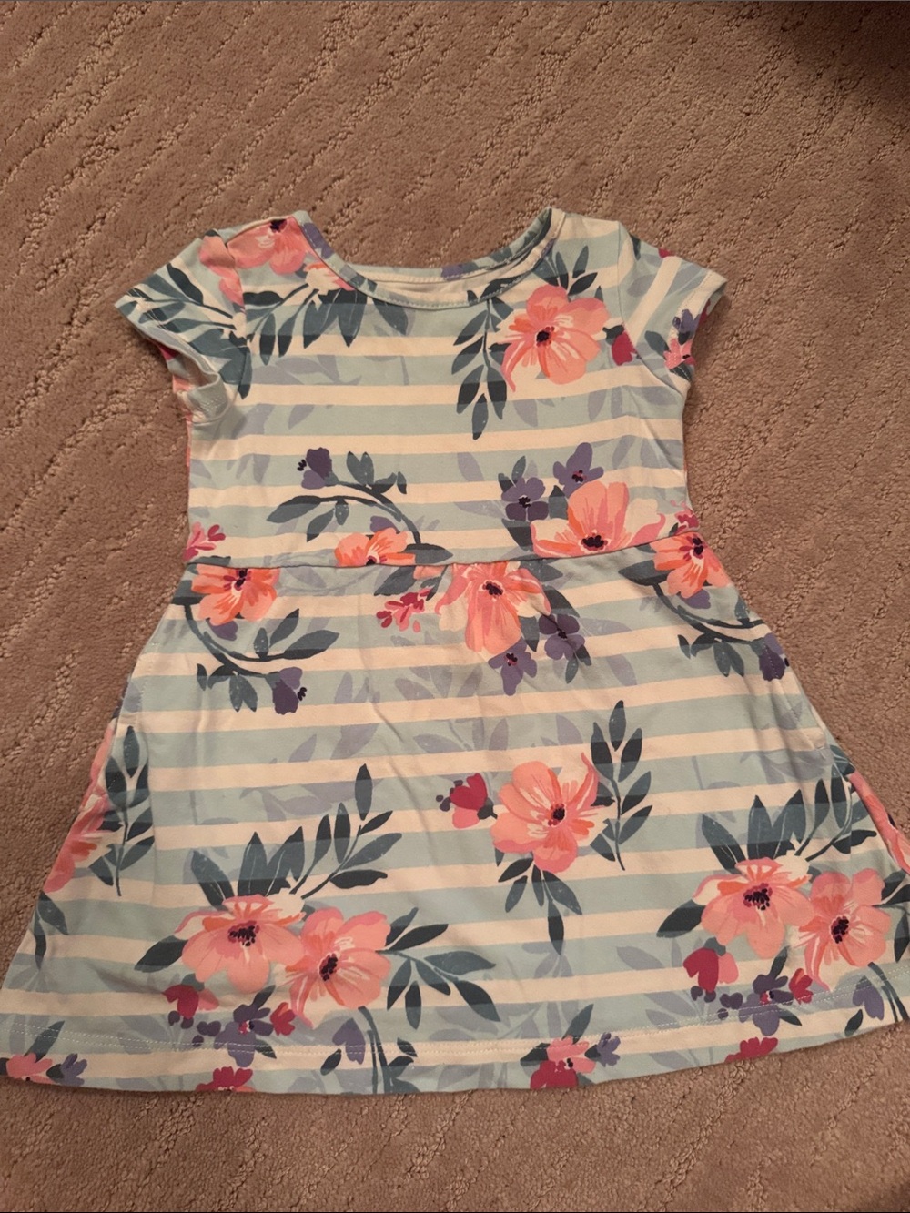Girls' Light Blue Striped Dress with Pink Floral Print